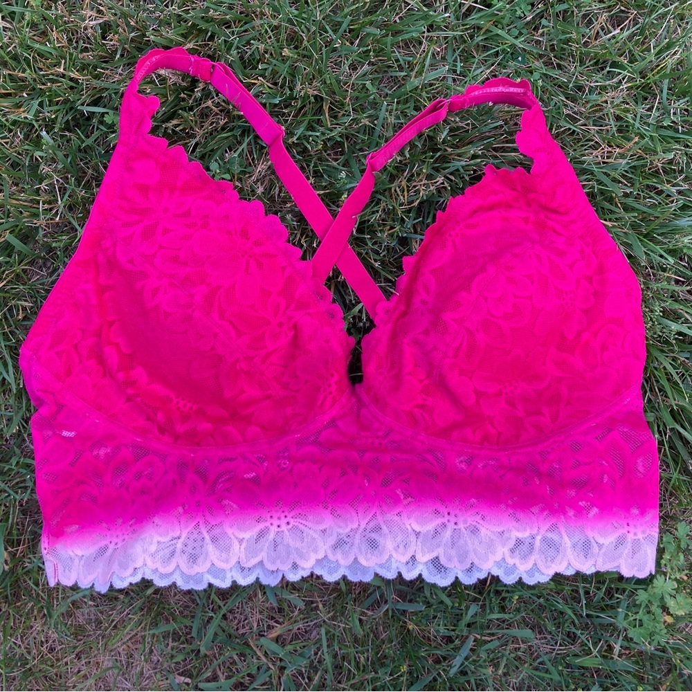Womens Pink Bralette With Removable Pads Crossover Back Straps Adjustable Strap